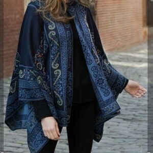 Peruvian Link Baby Alpaca Collection Blue Patterned Hooded Poncho O/S